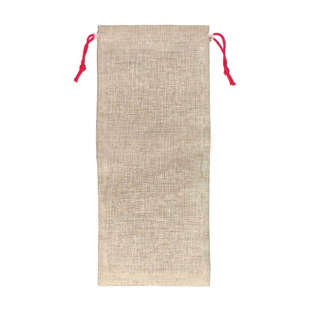 Jute-stijl flessentasje 14 x 34 cm — drukvlak midden op voorkant