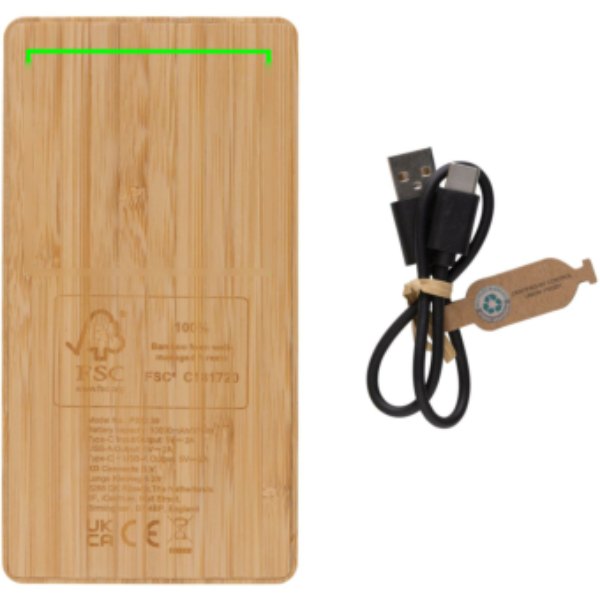 Sunwick 10.000 mAh bamboe solar powerbank — drukvlak artikel achterzijde boven