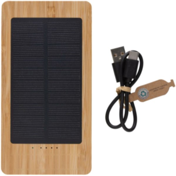 Sunwick 10.000 mAh bamboe solar powerbank — drukvlak artikel voorzijde onder