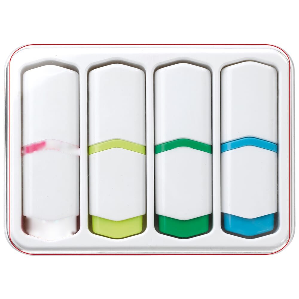 Mini tekstmarkers set van 4 — drukvlak op het doosje