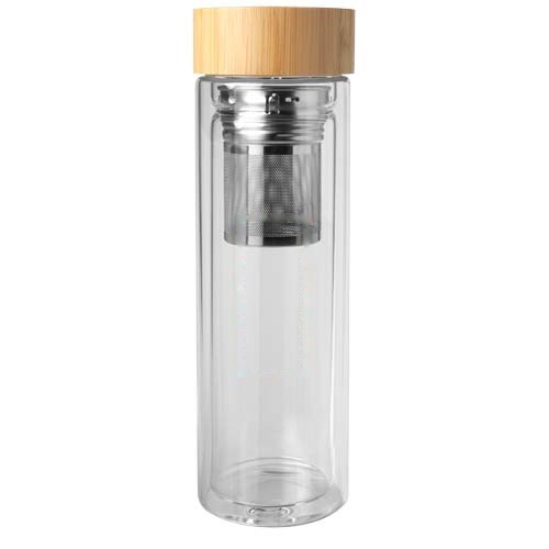 Bailey 400 ml infuusfles van borsilicaatglas met bamboe deksel — drukvlak voorzijde