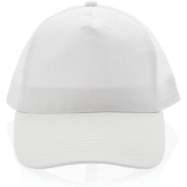 Impact AWARE™ 5 panel recycled katoenen truckercap — drukvlak artikel voorzijde