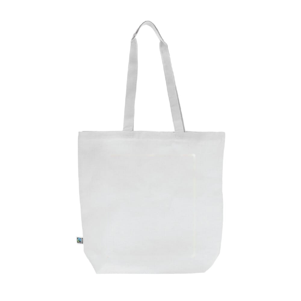 Fairtrade katoenen tas gekleurd lang 270g/m² 42x12x43cm — drukvlak midden op de voorkant