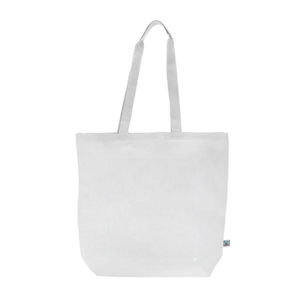 Fairtrade katoenen tas gekleurd lang 270g/m² 42x12x43cm — drukvlak midden op de achterkant