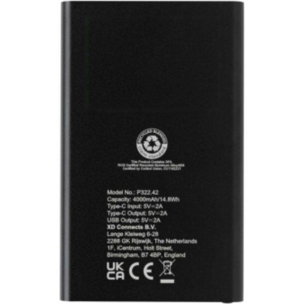RCS gerecycled plastic/alu 4000 mah powerbank met type C — drukvlak artikel achterzijde boven