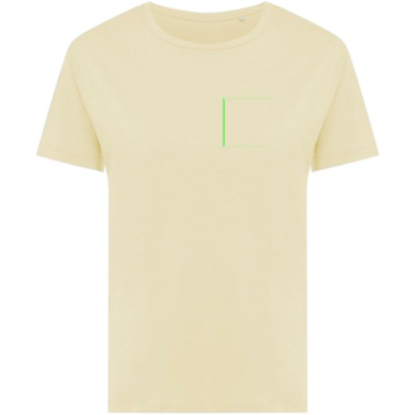 IQONIQ Yala dames lichtgewicht gerecycled katoen t-shirt — drukvlak borst linkerzijde