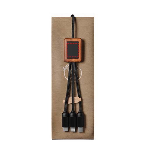 SCX.design C38 40W 5-in-1 oplaadkabel van RPET met oplichtend logo en vierkante houten behuizing — drukvlak achterzijde