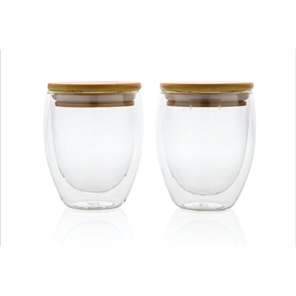 Dubbelwandig borosilicaatglas met bamboe deksel 250ml set — drukvlak artikel voorzijde boven