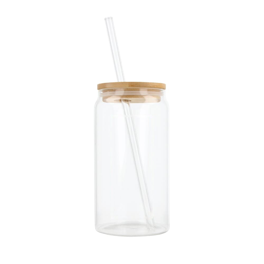Glas met bamboe deksel & rietje 450 ml — drukvlak op de zijkant