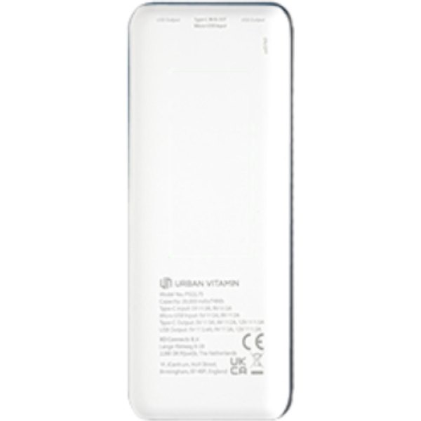 Urban Vitamin Pasadena 20.000 mAh 18W PD powerbank — drukvlak artikel achterzijde