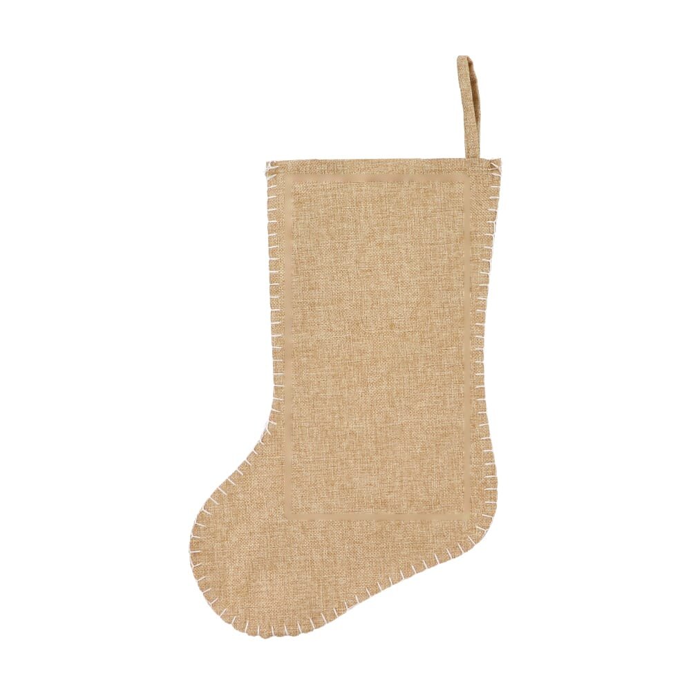 Jute-stijl kerstsok met decoratieve stiksels 40 cm — drukvlak midden achterzijde