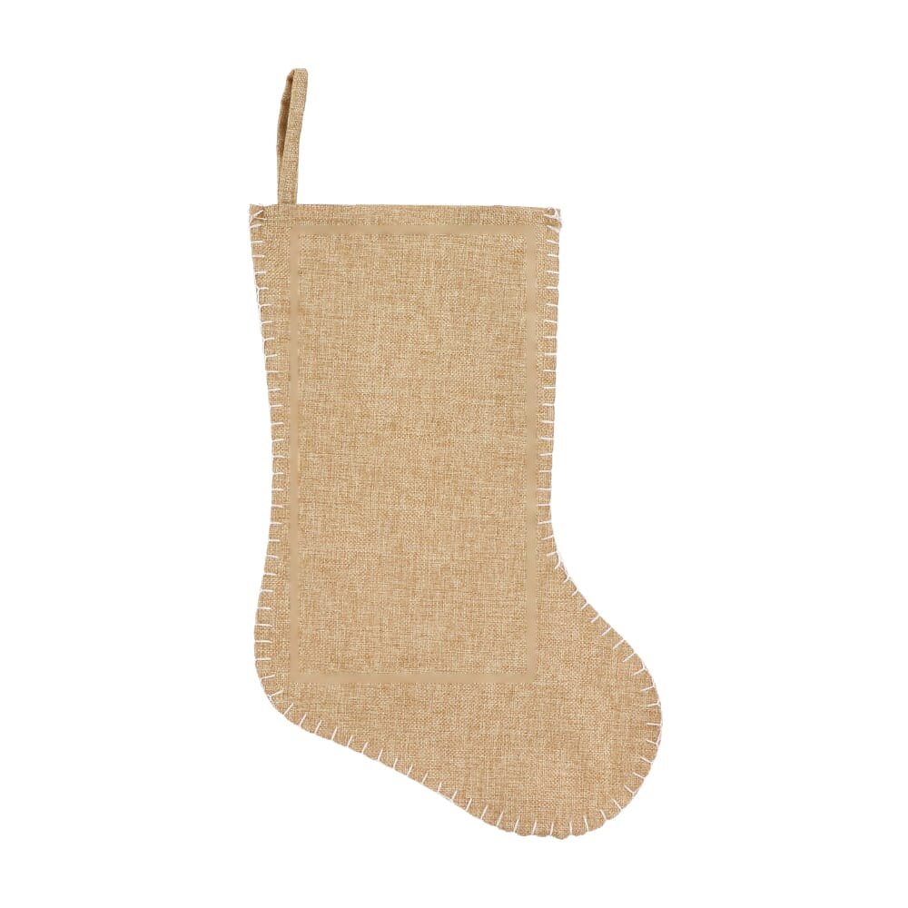 Jute-stijl kerstsok met decoratieve stiksels 40 cm — drukvlak midden voorzijde