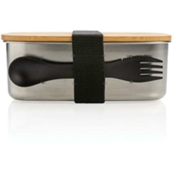 Roestvrijstalen lunchbox met bamboe deksel en spork — drukvlak artikel voorzijde