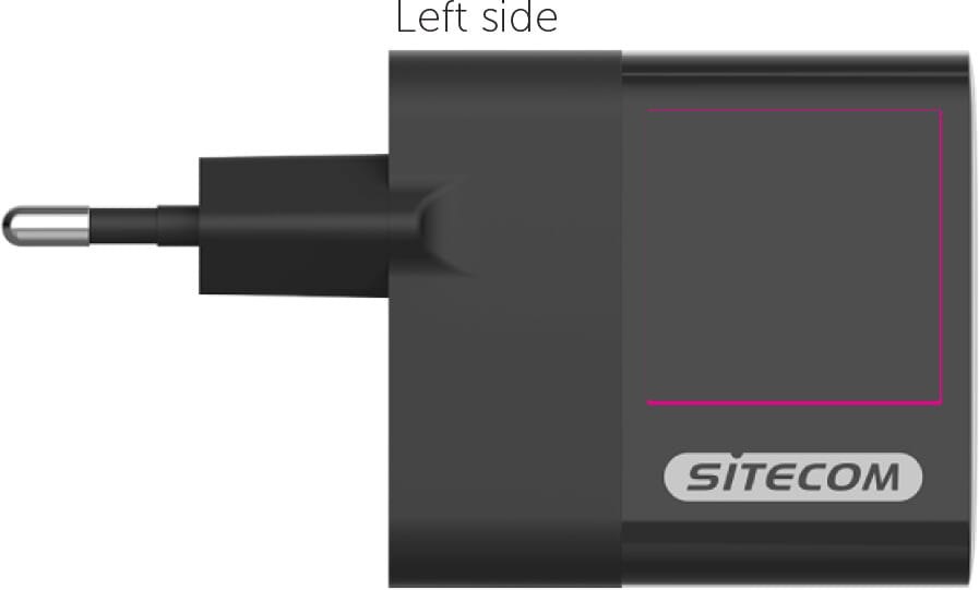 Sitecom CH-1001 30W GaN Power Delivery Wall Charger with LED display — drukvlak linkerzijde