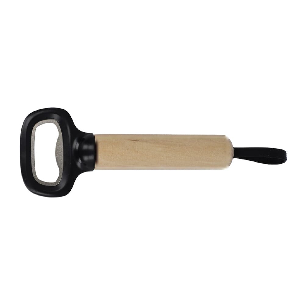 Flesopener met houten handvat en riem — drukvlak op het handvat
