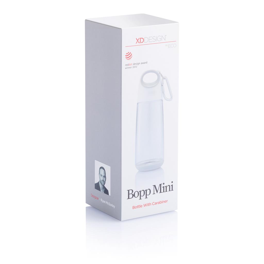 Bopp Mini is een compacte 350ml transparante fles van duurzaam Tritan™ materiaal. De geïntegreerde karabijnhaak maakt het makkelijk aan je tas of riem te haken om hem overal mee naar toe te nemen. Geregistreerd ontwerp®