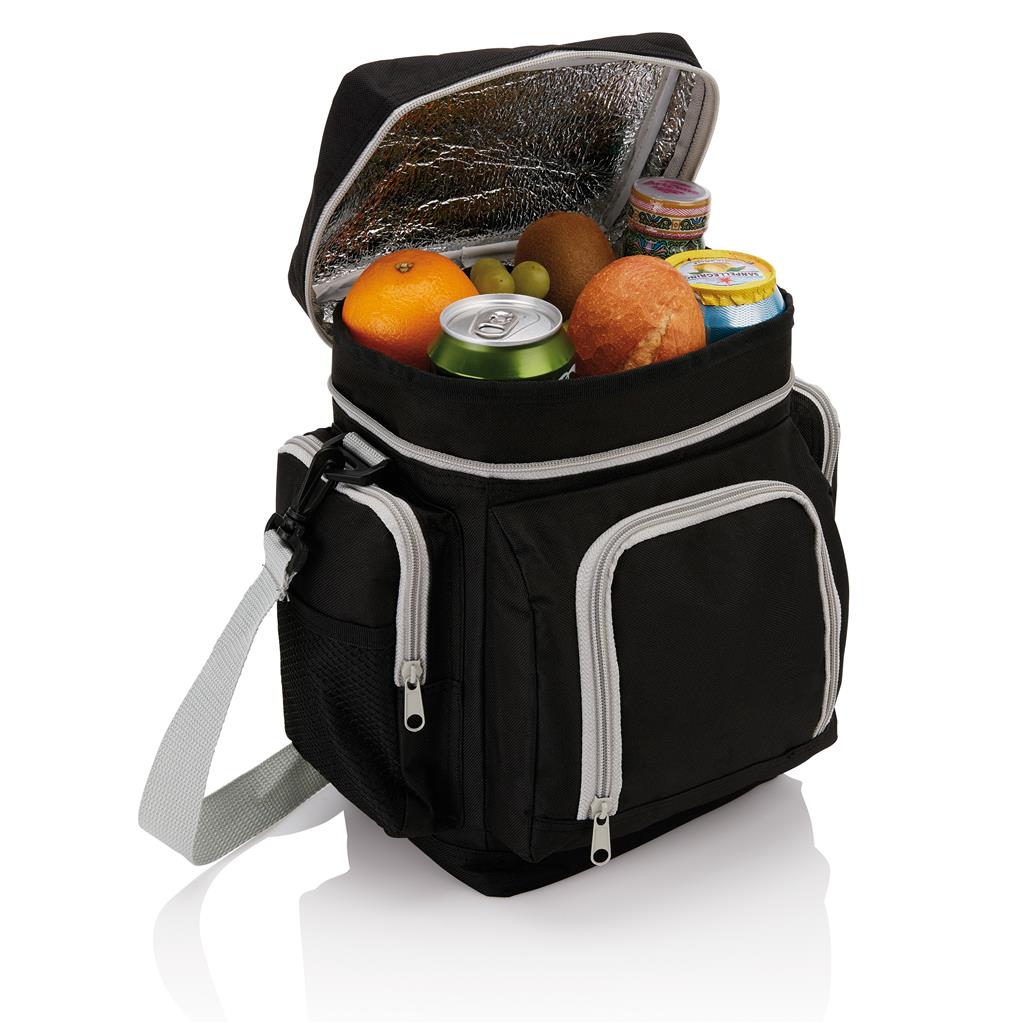 Handige 600D polyester koeltas met meerdere compartimenten en verstelbare schouderband. PVC vrij.