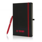 Giftset inclusief A5 hardcover notitieboek met elastieksluiting en roestvrijstalen Victory pen (zwartschrijvend) samen verpakt in luxe geschenkverpakking.